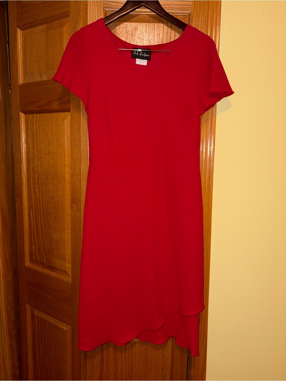 S.L. Fashions Red V-Neck Short Sleeve Dress Vintage Y2K